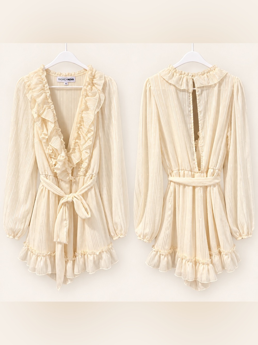 Fashion Nova Clancy Chiffon Ruffle Romper Cream